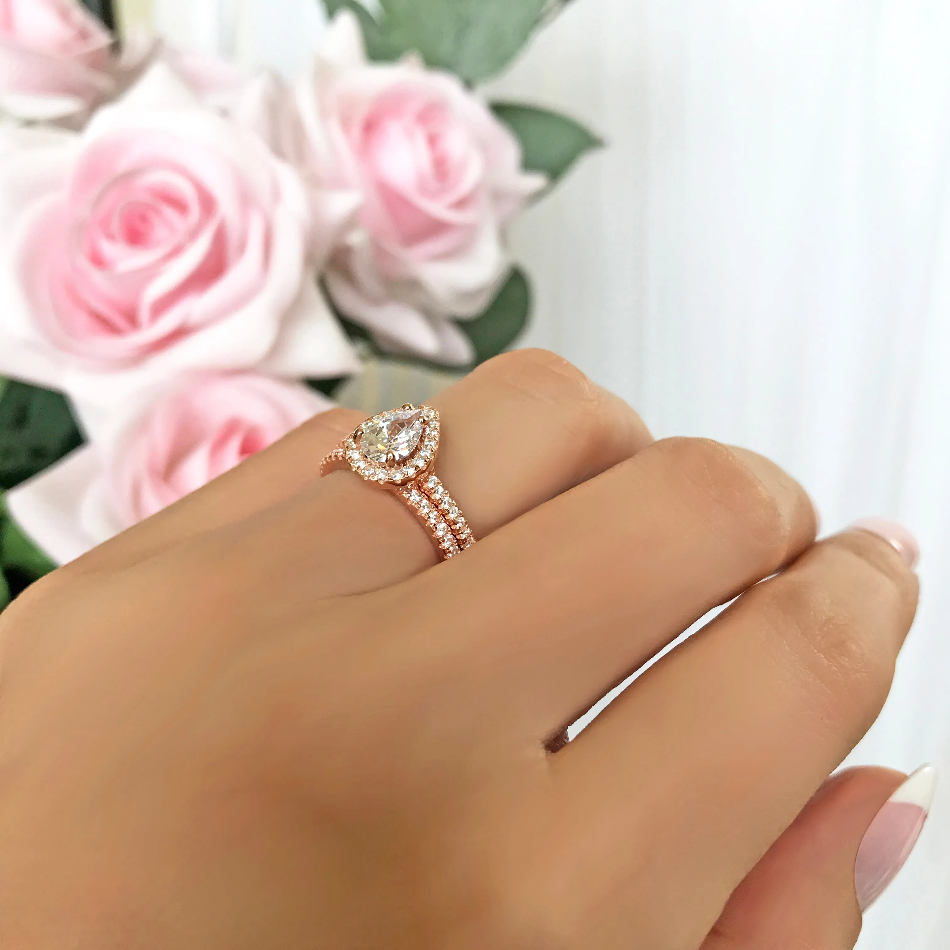 1 ctw Pear Halo Half Eternity Set - Rose GP