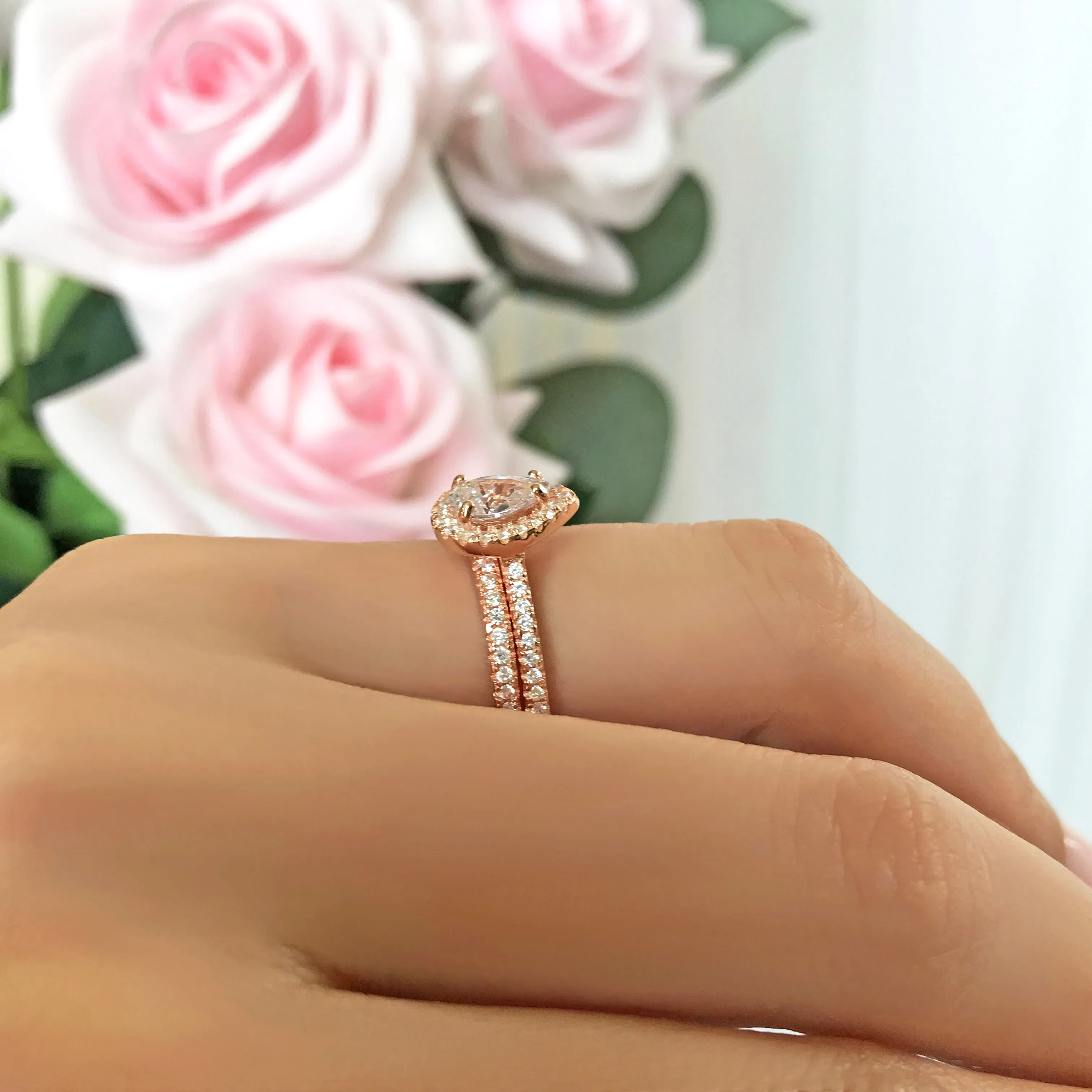 1 ctw Pear Halo Half Eternity Set - Rose GP