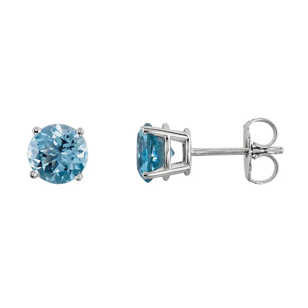 10k White Gold Plated 4 Carat Round Created Aquamarine Sapphire Stud Earrings