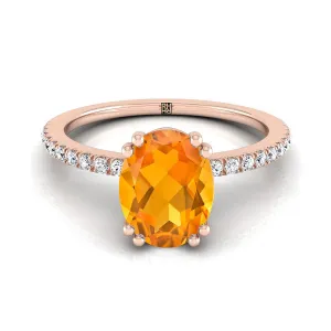 14K Rose Gold Oval Citrine Simple French Pave Double Claw Prong Diamond Engagement Ring -1/6ctw