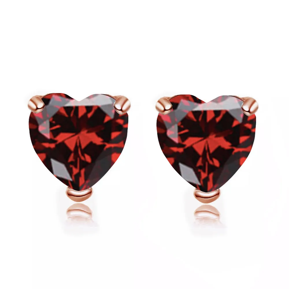 14k Rose Gold Plated  2 Carat Heart Created Garnet Sapphire Stud Earrings