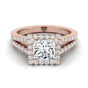 14K Rose Gold Princess Cut Diamond Halo Center with French Pave Split Shank Engagement Ring -3/8ctw