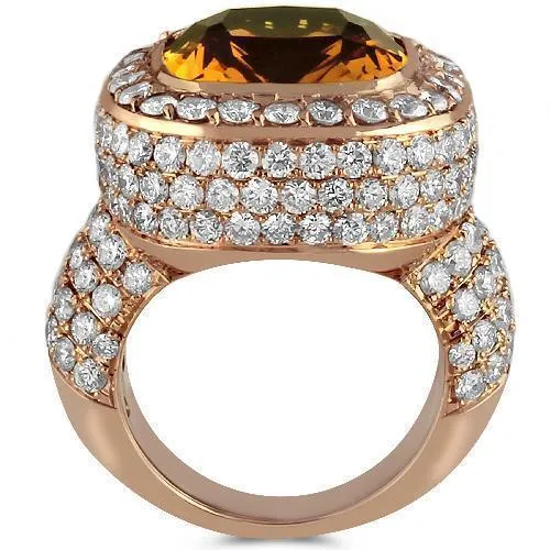 14K Rose Solid Gold Diamond Mens Cognac Citrine Ring 4.7 Ctw
