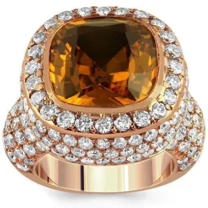 14K Rose Solid Gold Diamond Mens Cognac Citrine Ring 4.7 Ctw
