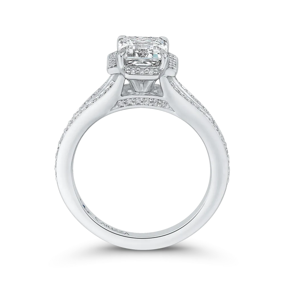 14K White Gold Emerald Cut Diamond Cathedral Style Engagement Ring with Split Shank (Semi Mount)