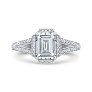 14K White Gold Emerald Cut Diamond Cathedral Style Engagement Ring with Split Shank (Semi Mount)