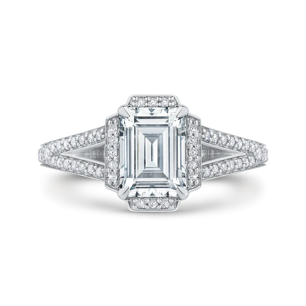 14K White Gold Emerald Cut Diamond Cathedral Style Engagement Ring with Split Shank (Semi Mount)