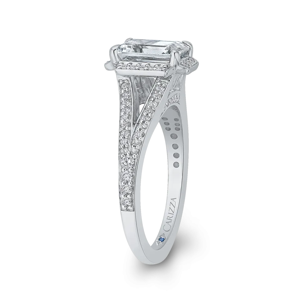14K White Gold Emerald Cut Diamond Cathedral Style Engagement Ring with Split Shank (Semi Mount)