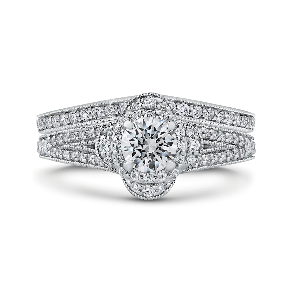14K White Gold Round Diamond Halo Engagement Ring with Split Shank