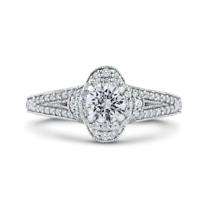 14K White Gold Round Diamond Halo Engagement Ring with Split Shank