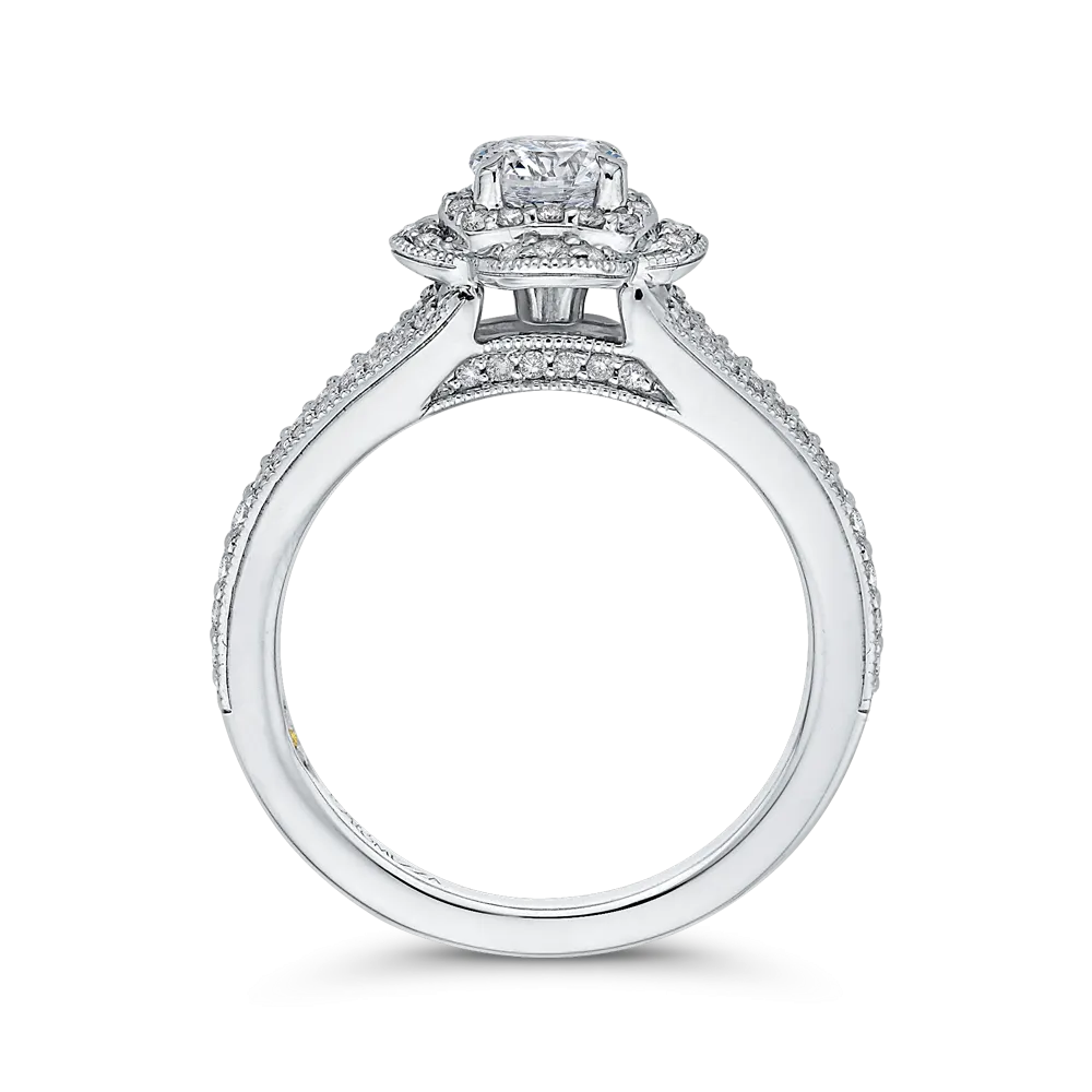 14K White Gold Round Diamond Halo Engagement Ring with Split Shank