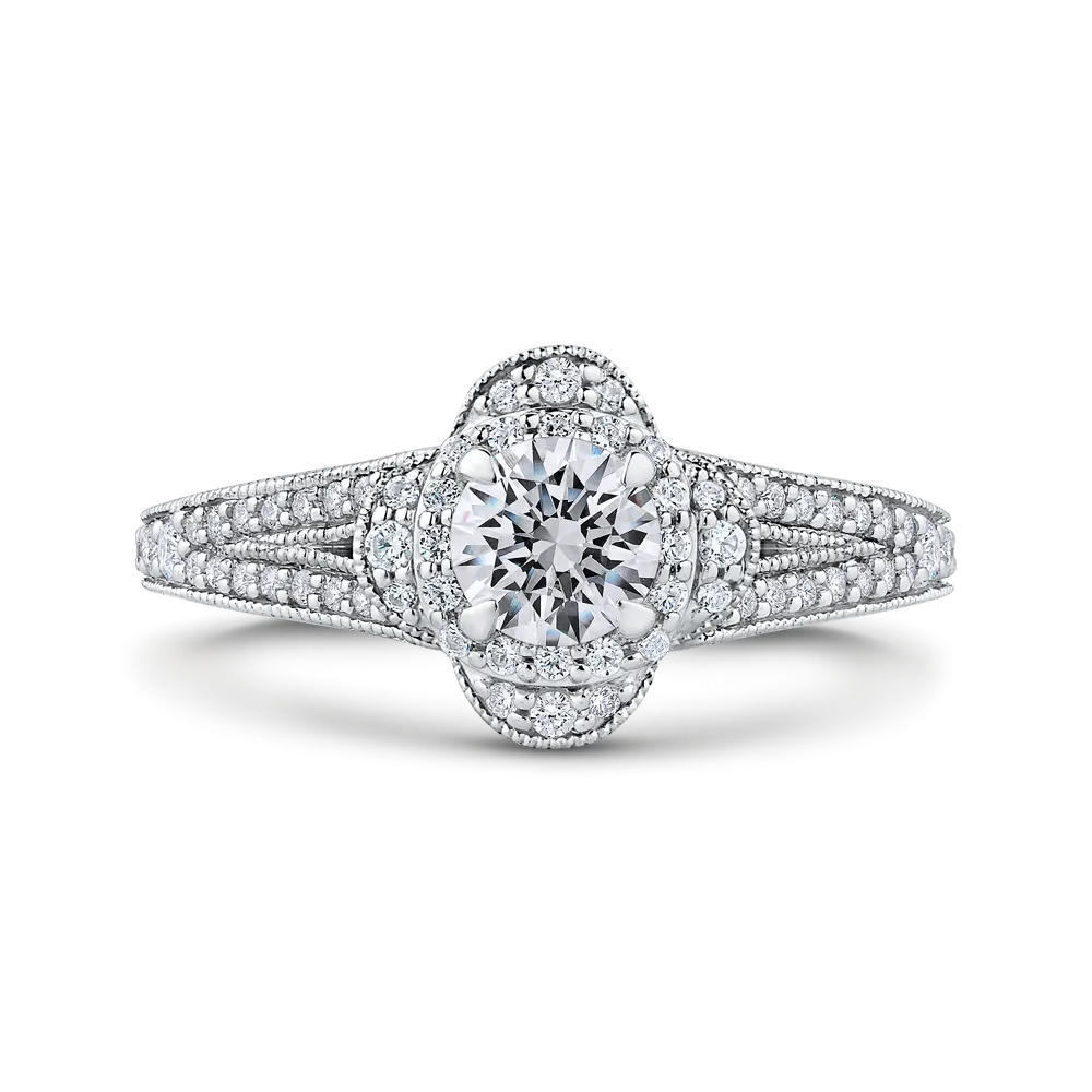 14K White Gold Round Diamond Halo Engagement Ring with Split Shank