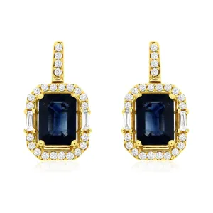 14k Yellow Gold Emerald Cut Sapphire and Diamond Earrings