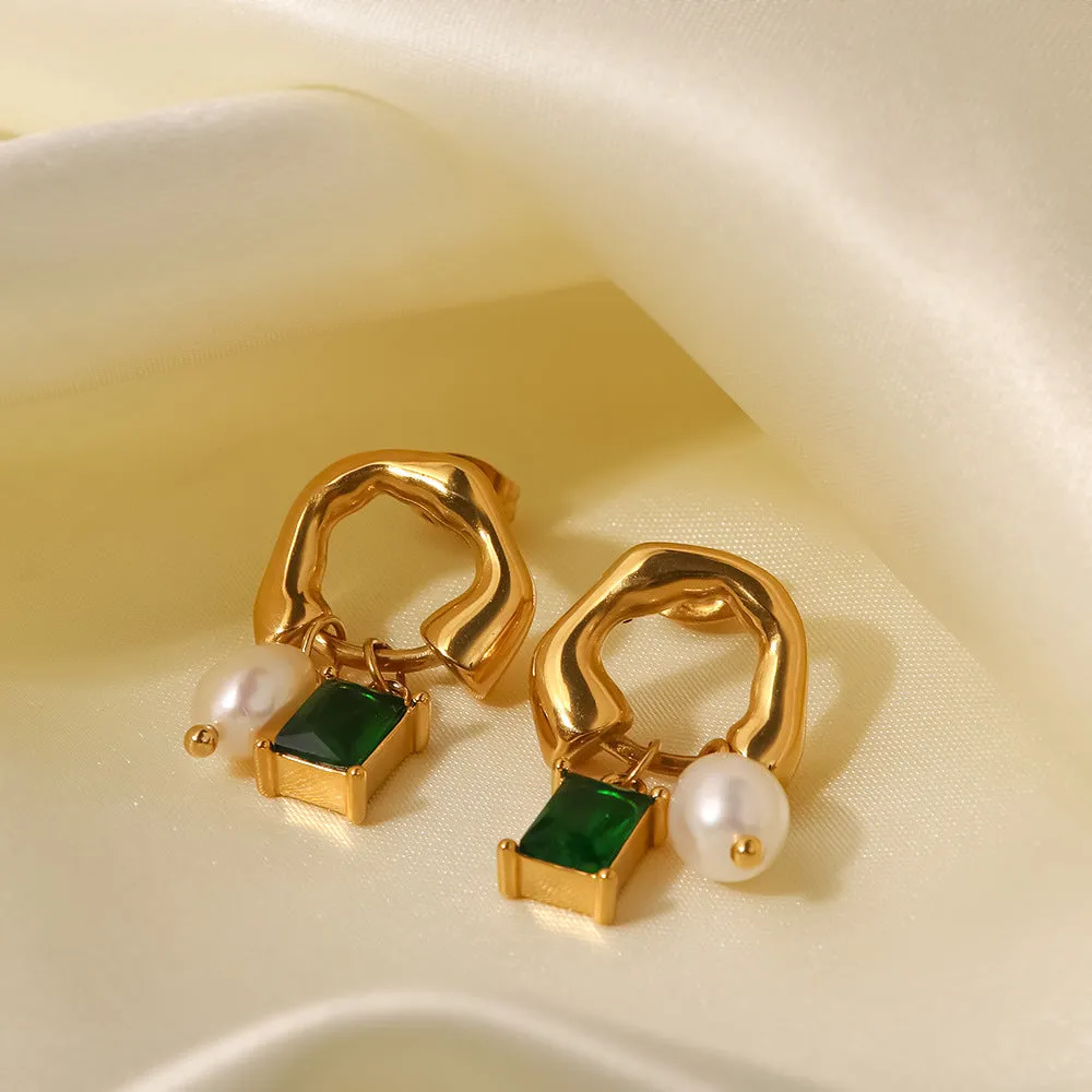 18K Gold Plated Inlaid White Green Zircon Natural Freshwater Pearl Drop Earrings