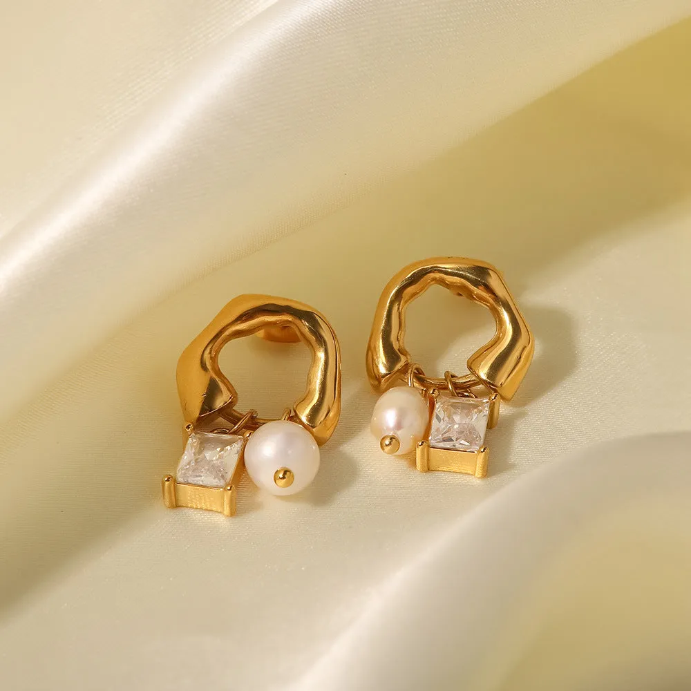18K Gold Plated Inlaid White Green Zircon Natural Freshwater Pearl Drop Earrings