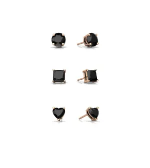 18k Rose Gold Plated 4Cttw Created Black Sapphire 3 Pair Round, Square and Heart Stud Earrings