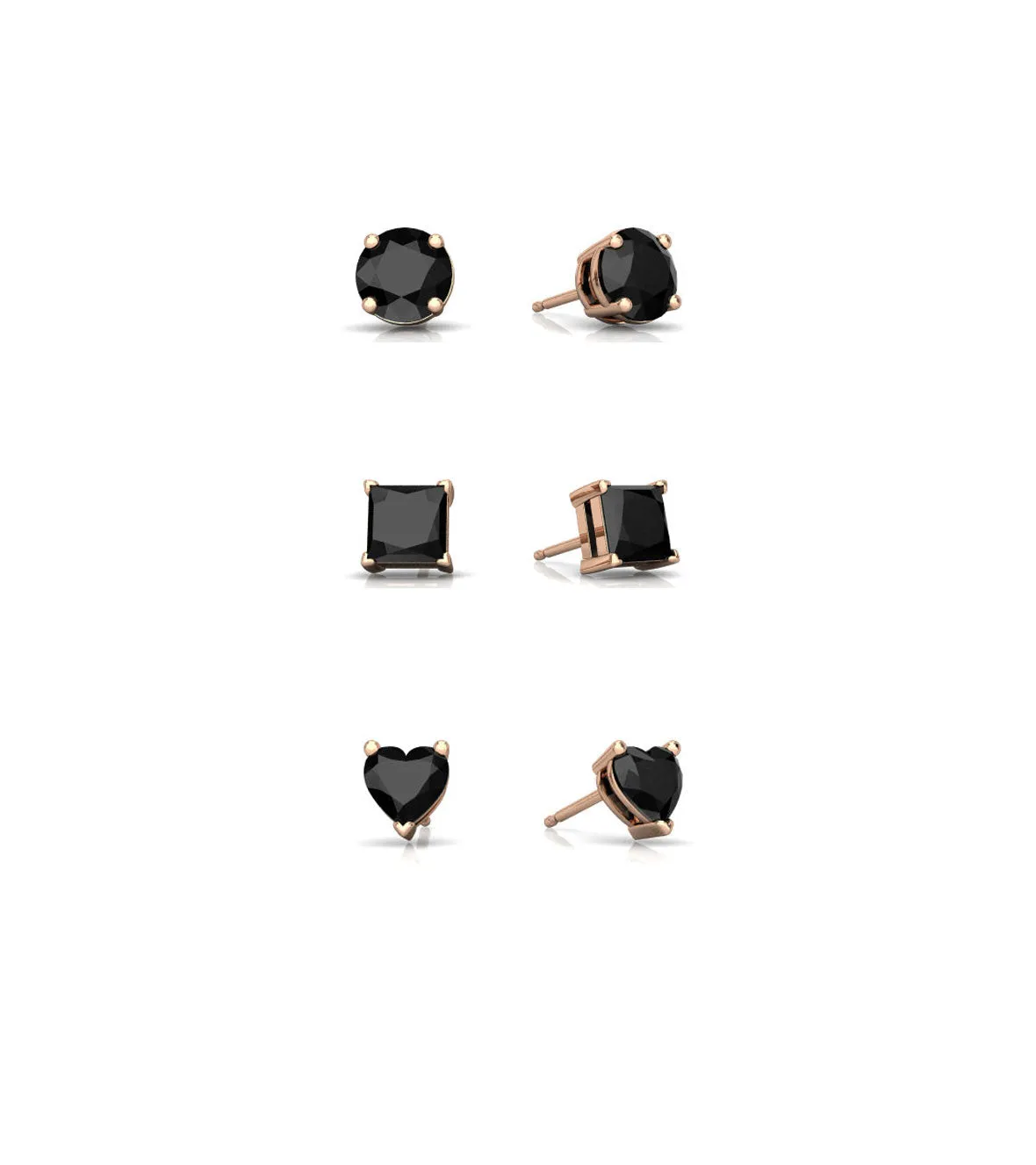 18k Rose Gold Plated 4Cttw Created Black Sapphire 3 Pair Round, Square and Heart Stud Earrings