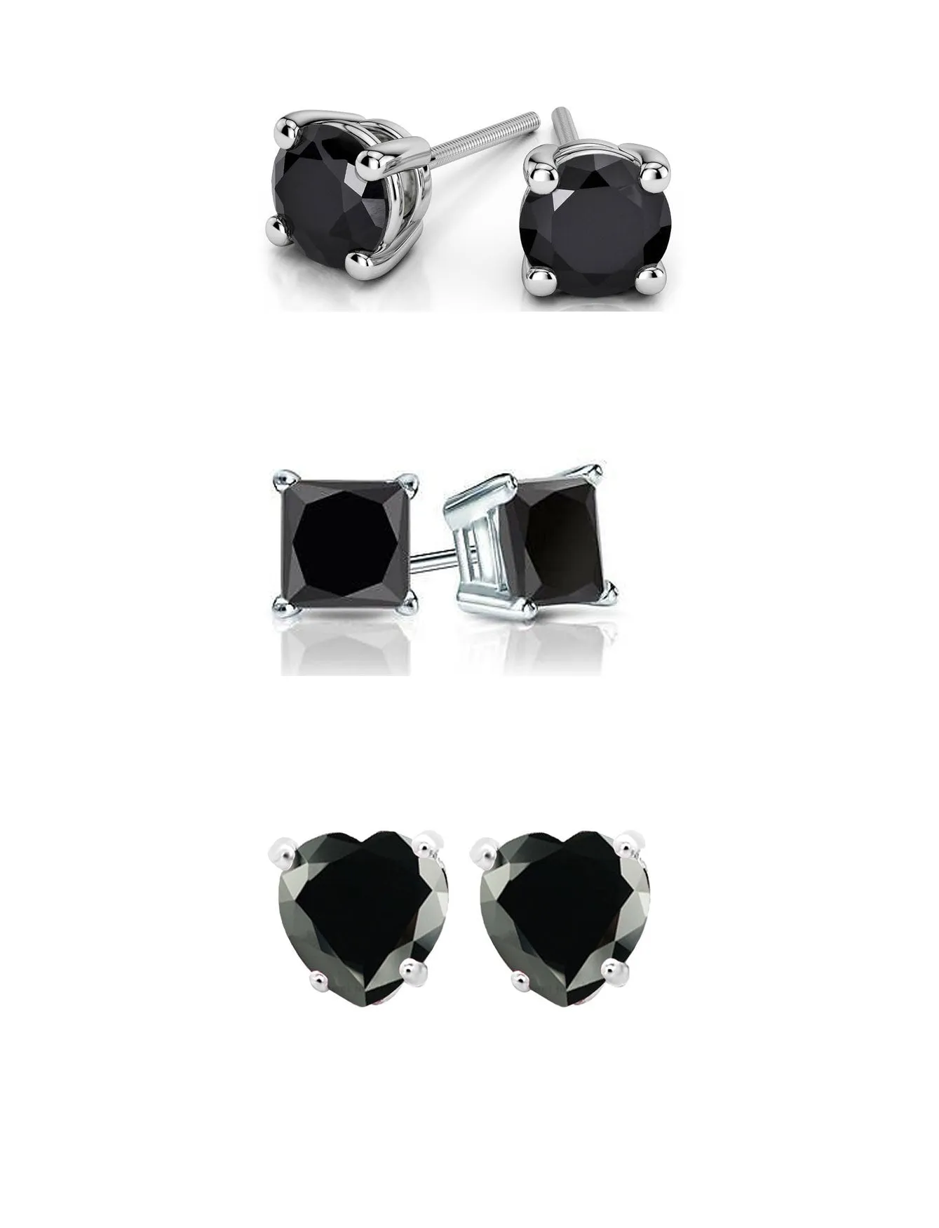 18k White Gold Plated 6mm Created Black Sapphire 3 Pair Round, Square and Heart Stud Earrings Plated