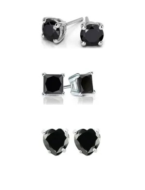18k White Gold Plated 6mm Created Black Sapphire 3 Pair Round, Square and Heart Stud Earrings Plated