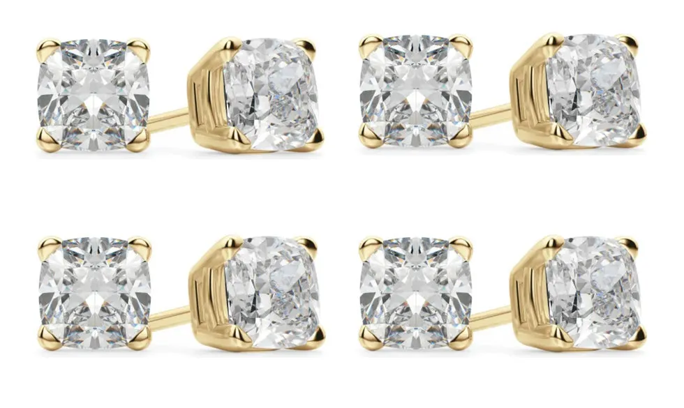 18k Yellow Gold 6mm 1Ct Cushion Cut White Sapphire Set Of Four Stud Earrings Plated