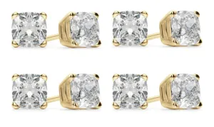 18k Yellow Gold 6mm 1Ct Cushion Cut White Sapphire Set Of Four Stud Earrings Plated