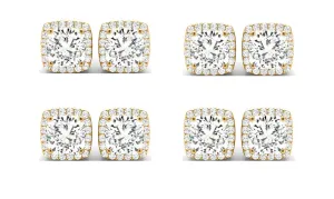 18k Yellow Gold 6mm 3Ct Cushion Cut White Sapphire Set Of Four Halo Stud Earrings Plated