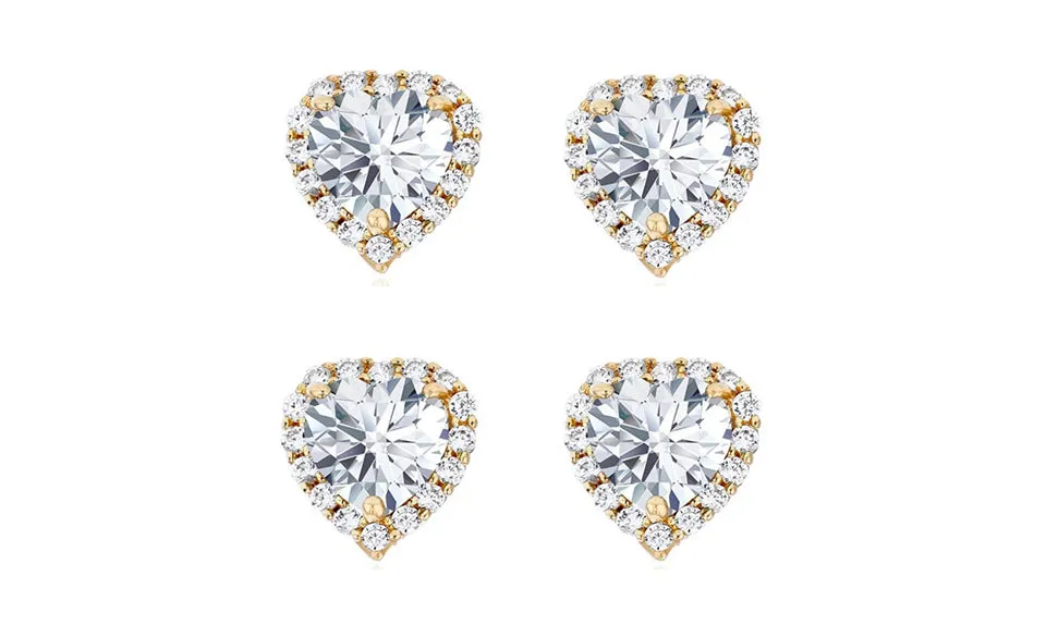 18k Yellow Gold Plated 1Ct Heart White Sapphire Set of Two Halo Stud Earrings