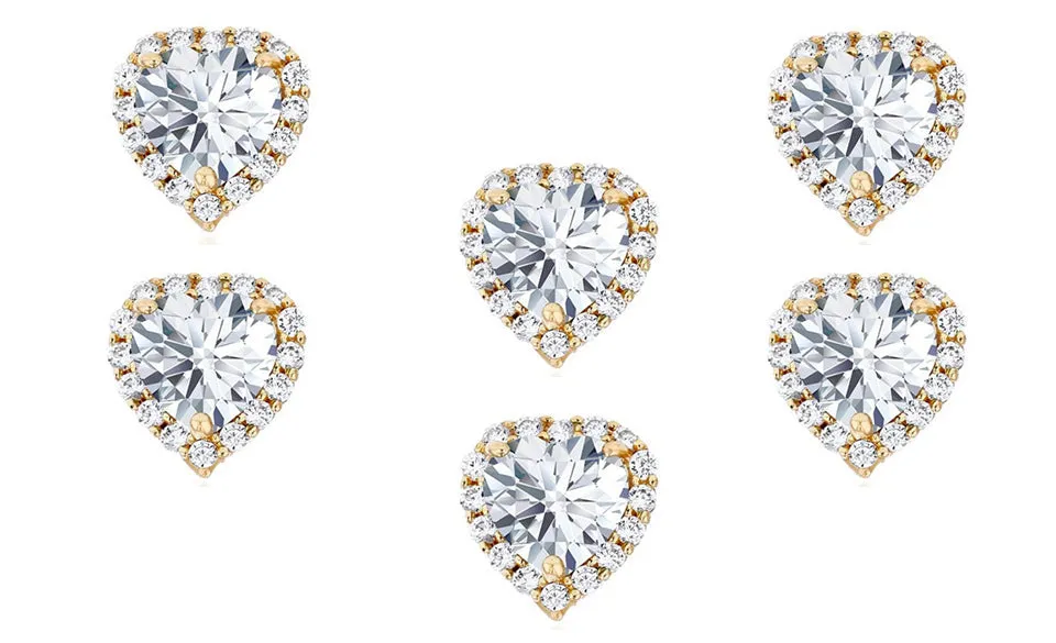 18k Yellow Gold Plated 4mm 1/2Ct Heart White Sapphire Set of Three Halo Stud Earrings
