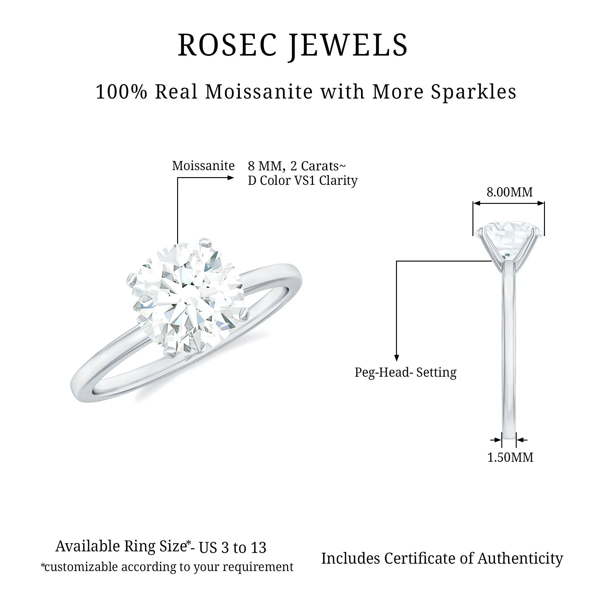 2 CT Peg Head Moissanite Solitaire Engagement Ring