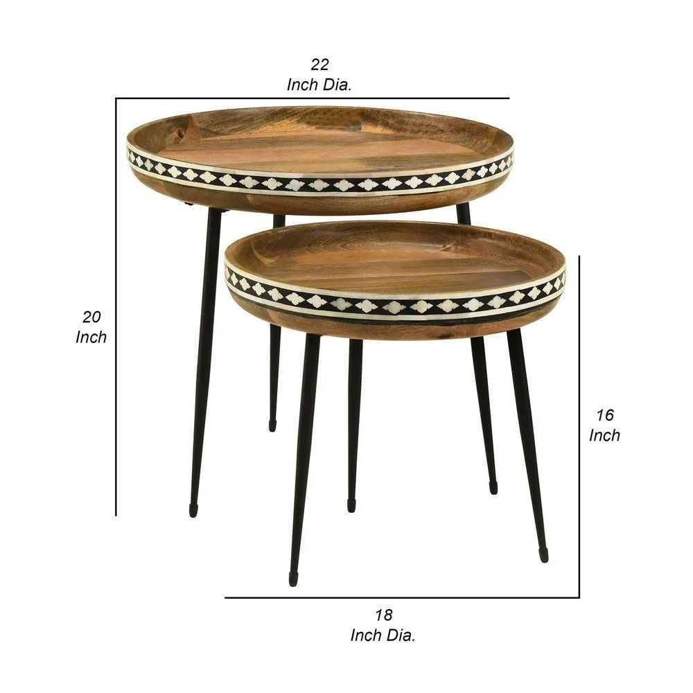 2 Piece Nesting Tables with Inlaid Bone Detail Design, Mango Wood, Brown By Casagear Home