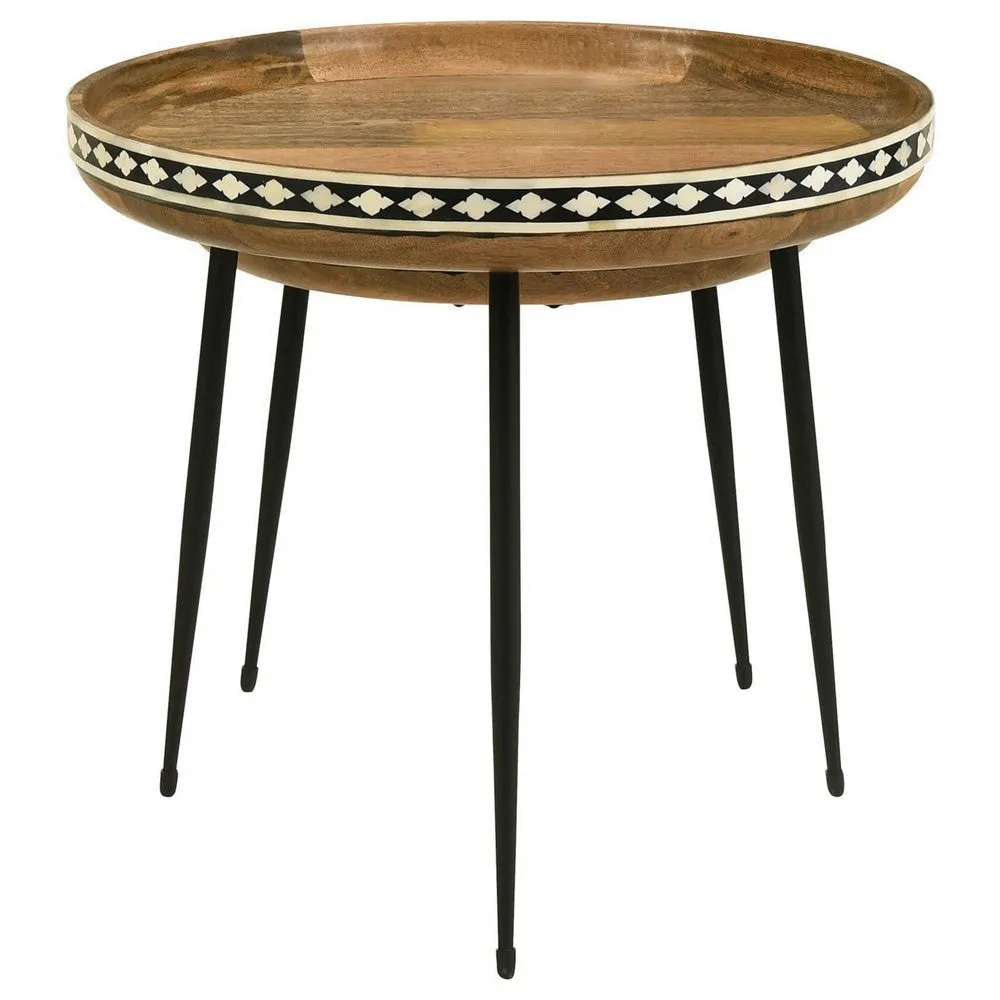 2 Piece Nesting Tables with Inlaid Bone Detail Design, Mango Wood, Brown By Casagear Home