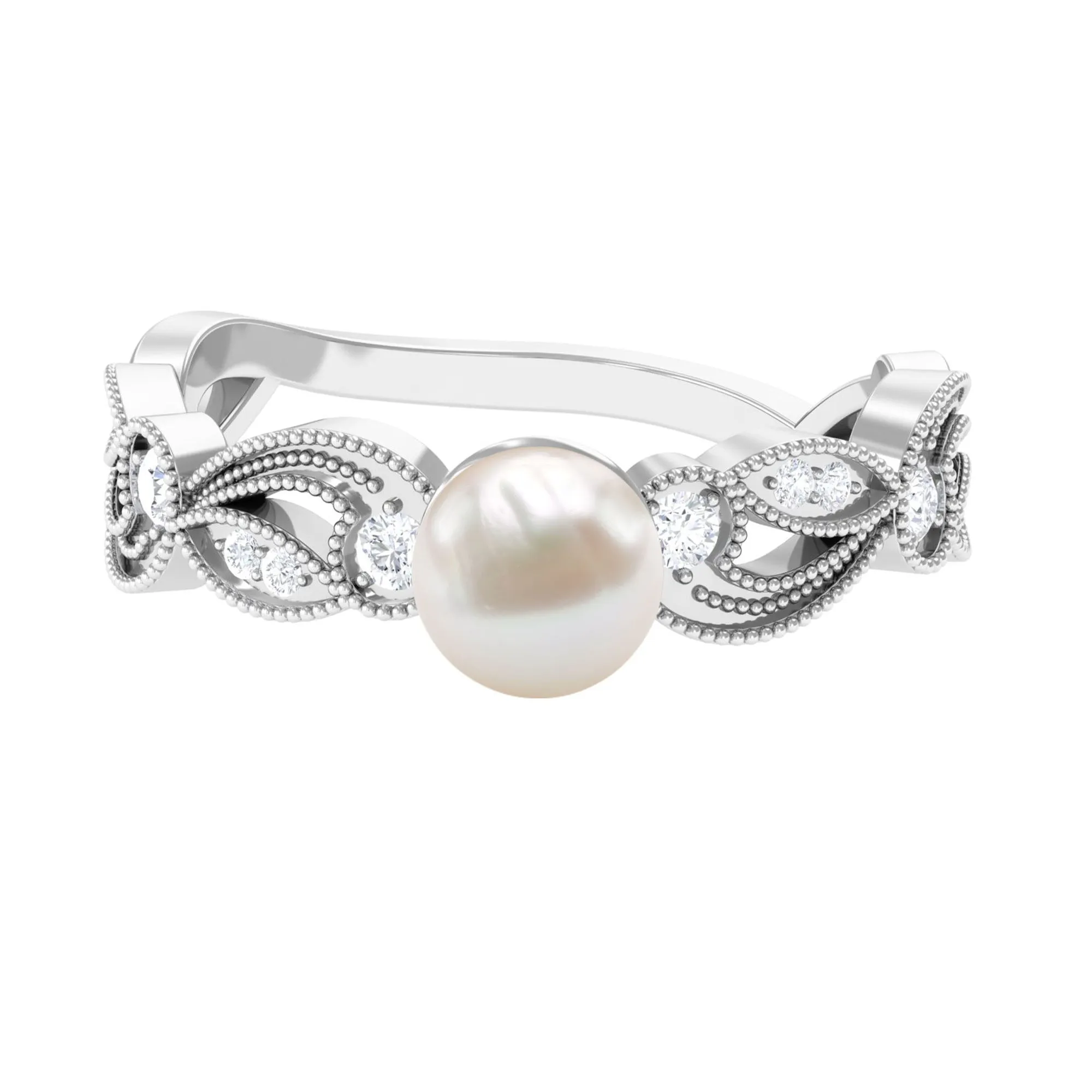 2.5 CT Freshwater Pearl Solitaire Beaded Ring with Diamond