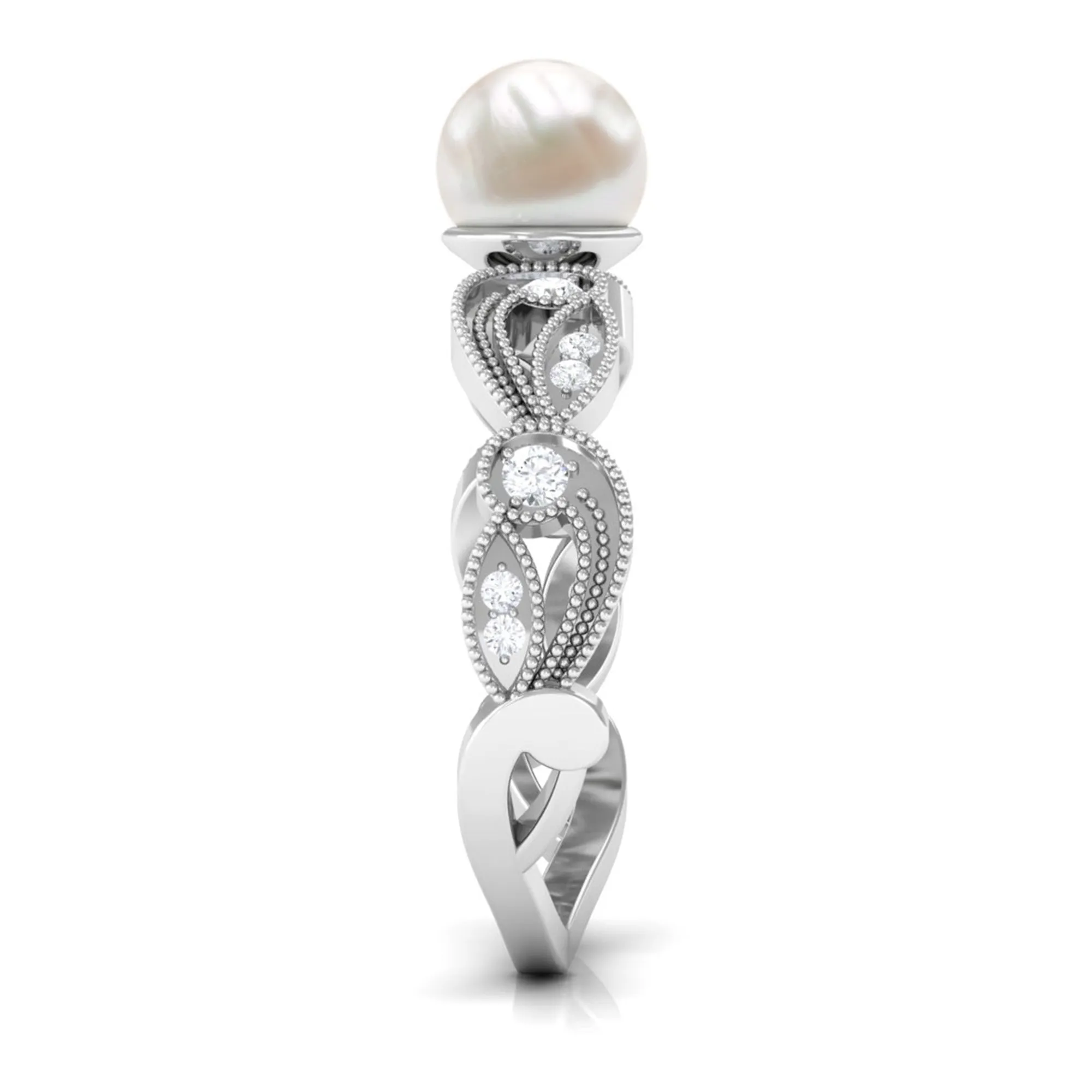 2.5 CT Freshwater Pearl Solitaire Beaded Ring with Diamond