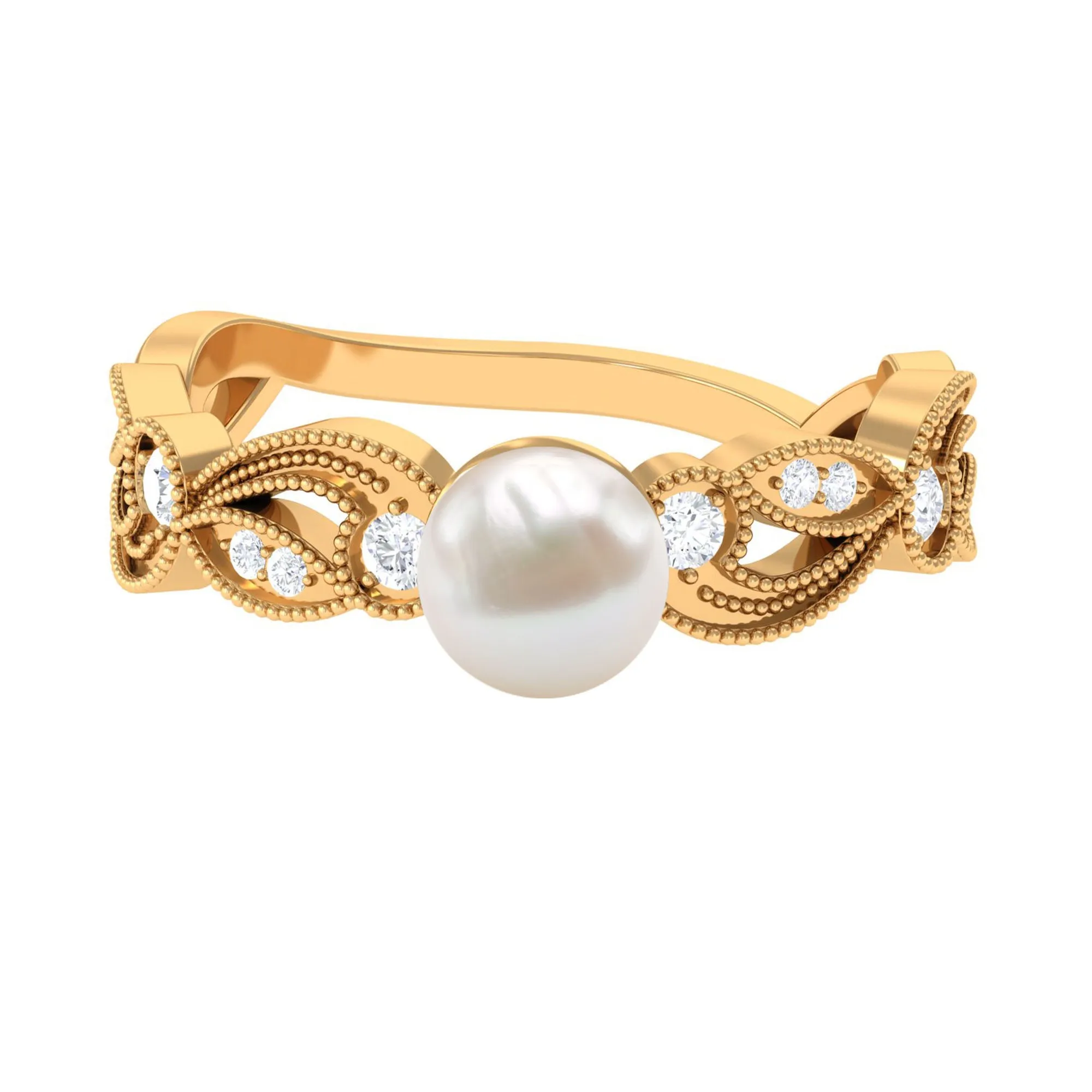 2.5 CT Freshwater Pearl Solitaire Beaded Ring with Diamond