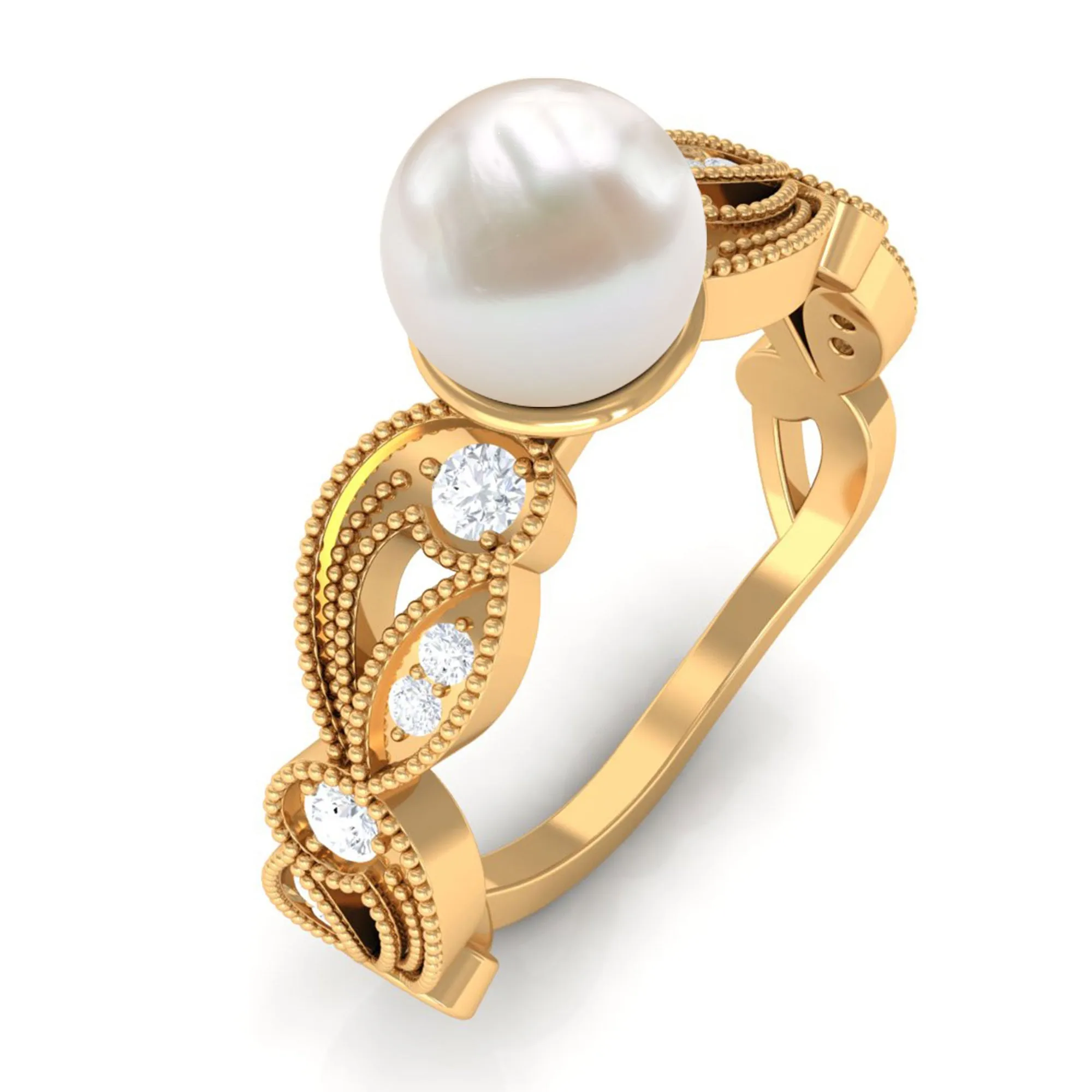 2.5 CT Freshwater Pearl Solitaire Beaded Ring with Diamond