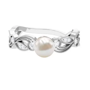 2.5 CT Freshwater Pearl Solitaire Beaded Ring with Diamond
