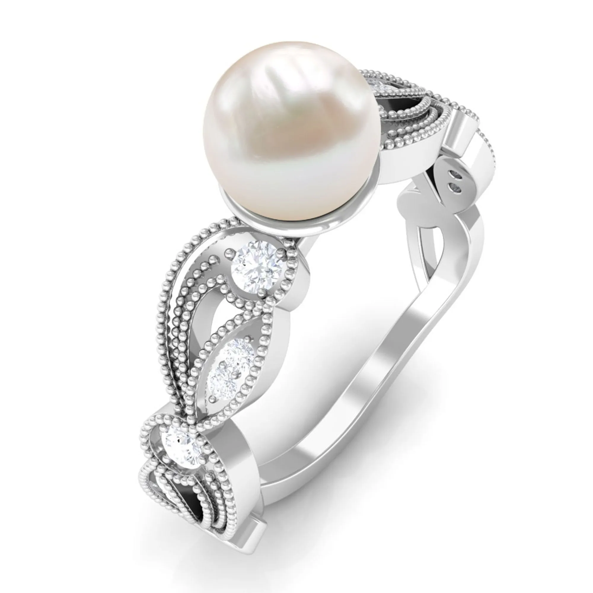 2.5 CT Freshwater Pearl Solitaire Beaded Ring with Diamond