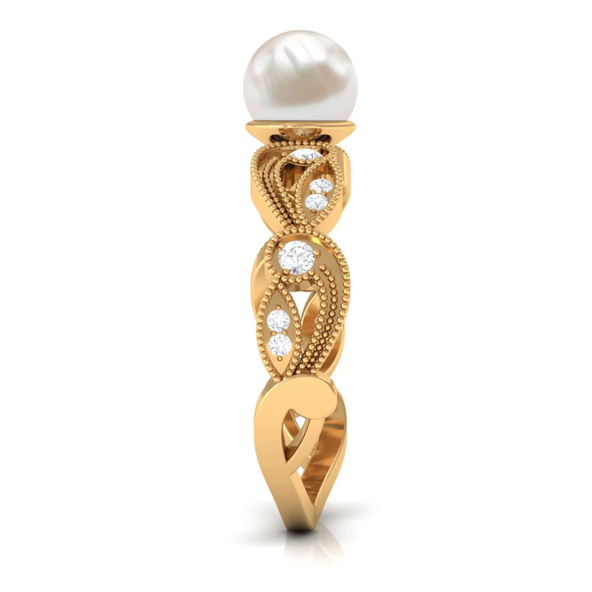 2.5 CT Freshwater Pearl Solitaire Beaded Ring with Diamond