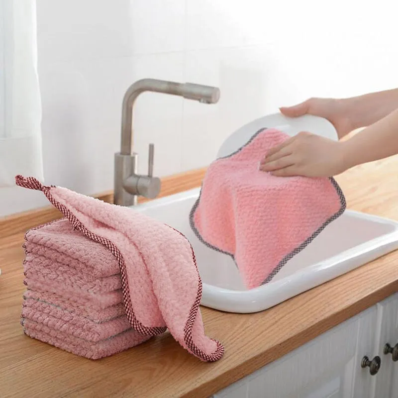 3 Pack Pink Hanging Coral Fleece Lint-Free Absorbent Cloth Dishcloth