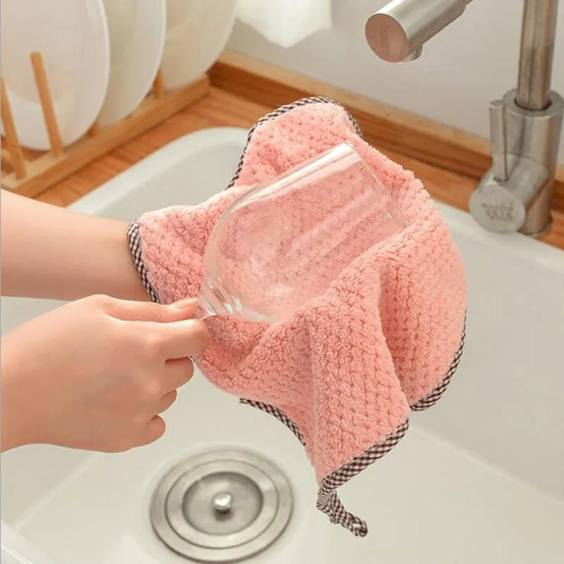 3 Pack Pink Hanging Coral Fleece Lint-Free Absorbent Cloth Dishcloth