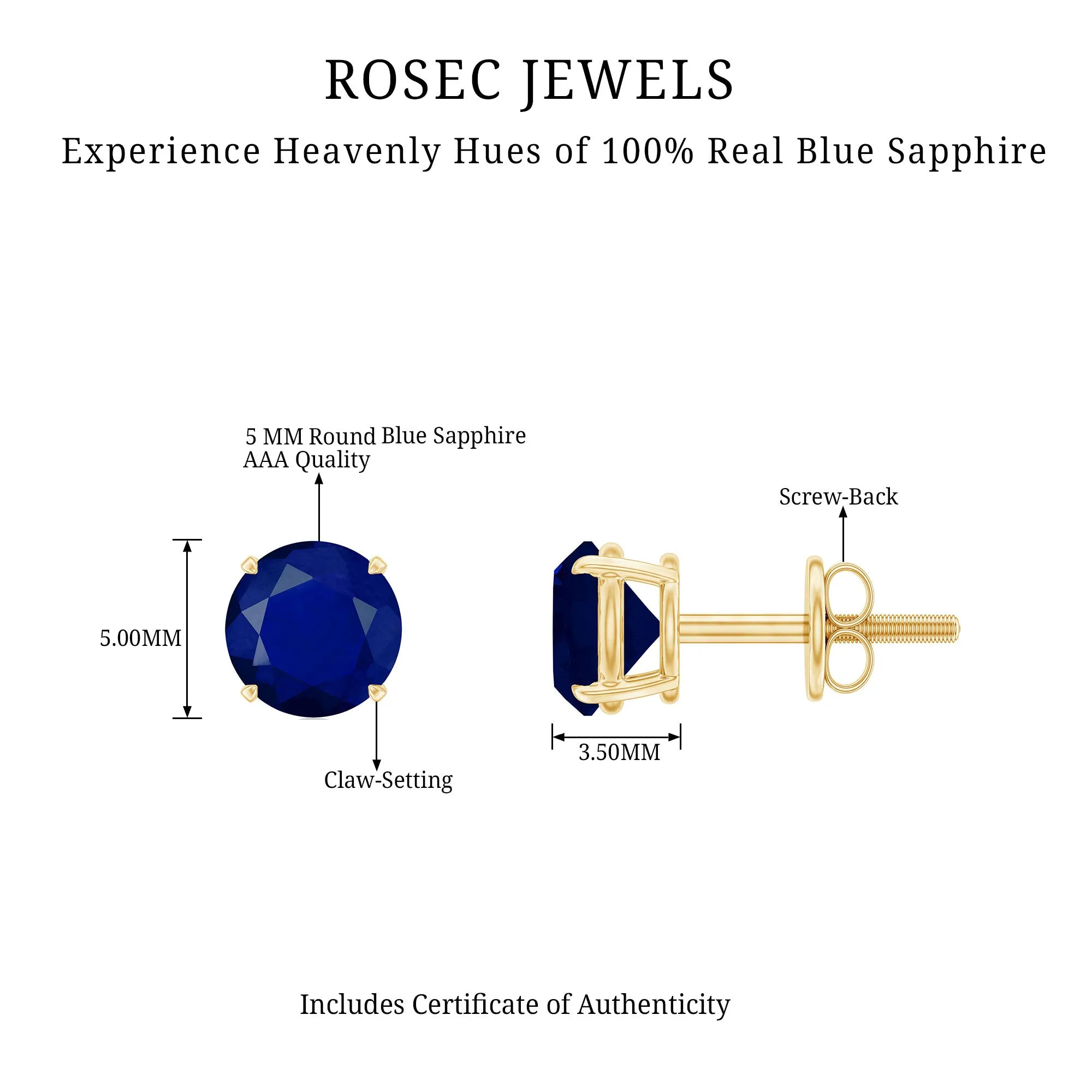 5 MM Round Blue Sapphire Solitaire Stud Earrings in Claw Setting