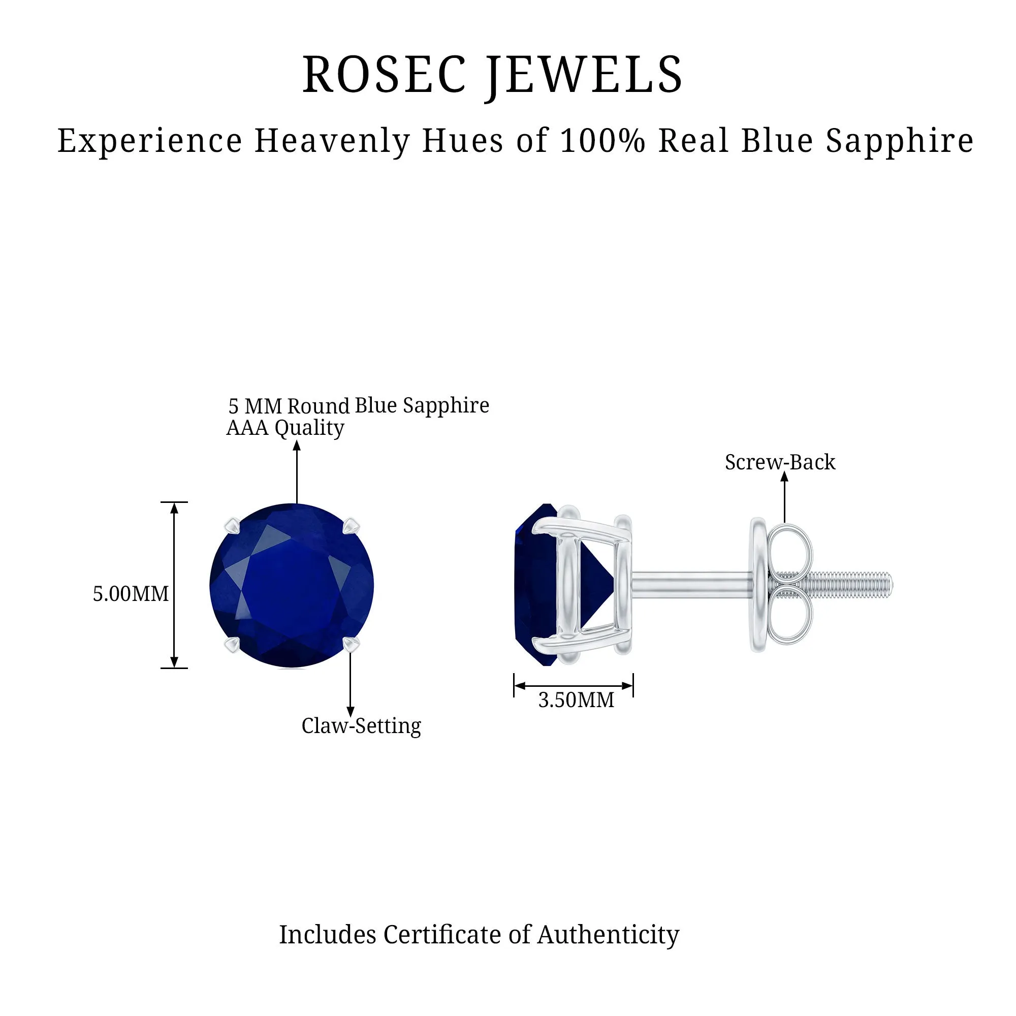 5 MM Round Blue Sapphire Solitaire Stud Earrings in Claw Setting