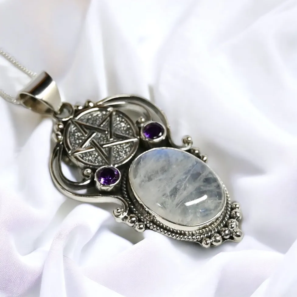 Amethyst and Rainbow Moonstone Pentacle Pendant