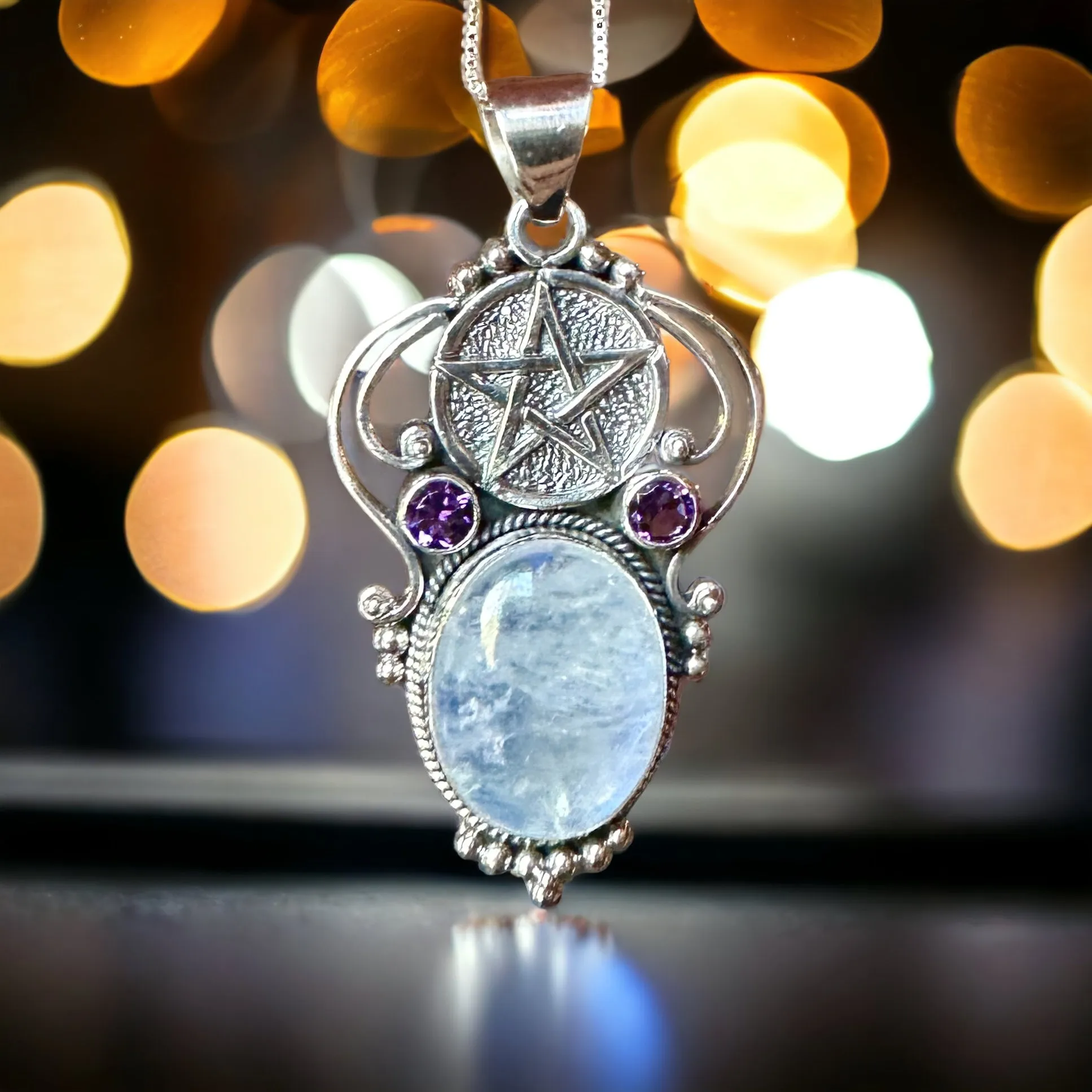Amethyst and Rainbow Moonstone Pentacle Pendant