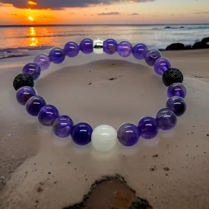Amethyst, Moonstone & Lava Stone Bracelet. Size:7