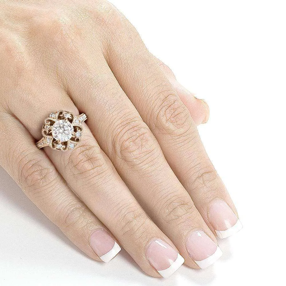 Antique Round Moissanite Engagement Ring with Diamond 1 1/5 CTW 14k Rose Gold