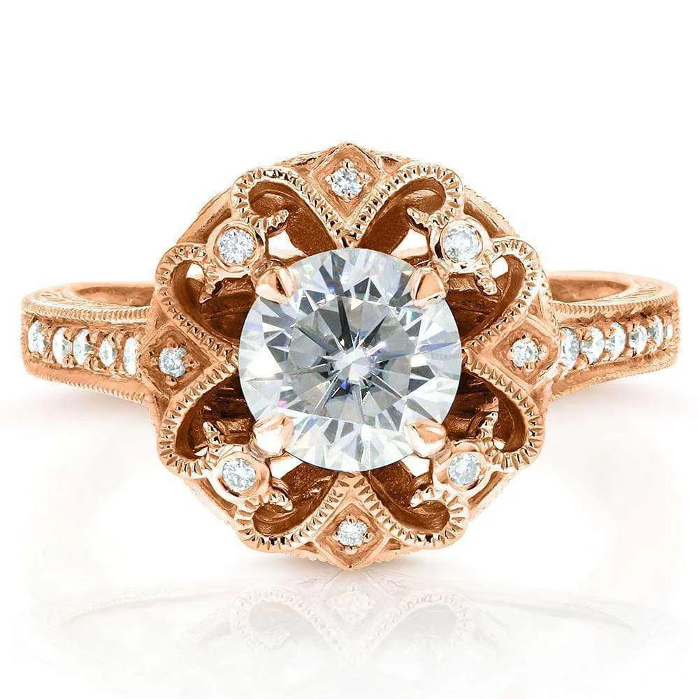 Antique Round Moissanite Engagement Ring with Diamond 1 1/5 CTW 14k Rose Gold