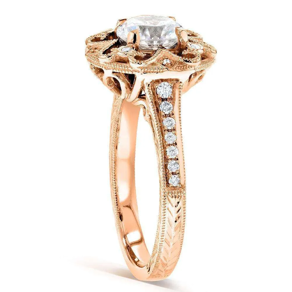 Antique Round Moissanite Engagement Ring with Diamond 1 1/5 CTW 14k Rose Gold