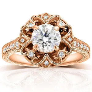 Antique Round Moissanite Engagement Ring with Diamond 1 1/5 CTW 14k Rose Gold