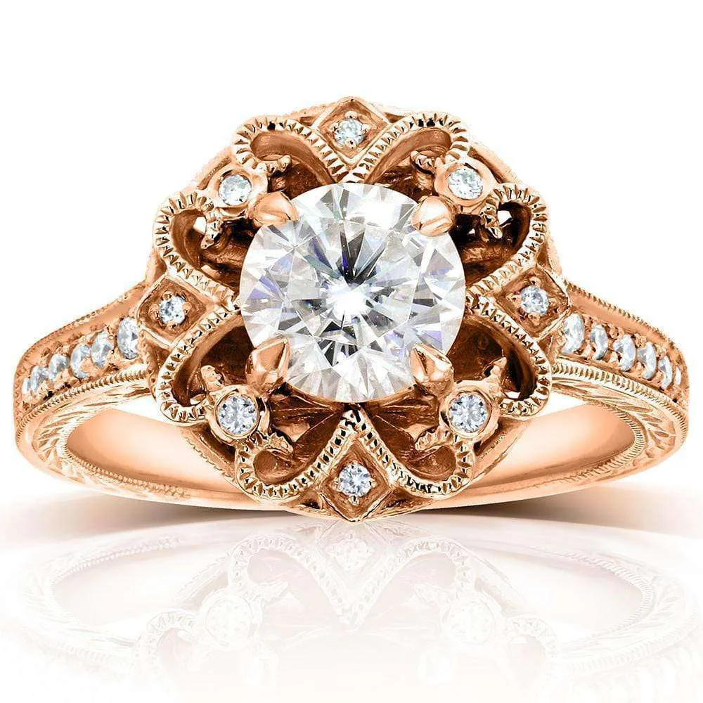 Antique Round Moissanite Engagement Ring with Diamond 1 1/5 CTW 14k Rose Gold
